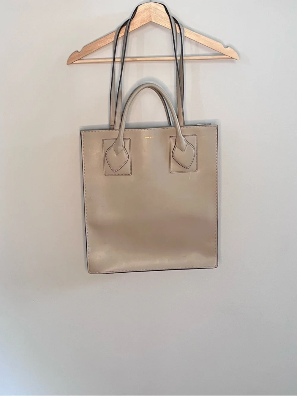 Anne Klein Beige Faux Leather Tote Bag Lion Logo Double‎ Handle Shoulder Bag